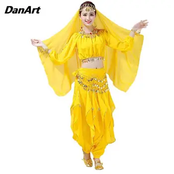 3PCS hastánc jelmez szett nők Indiai táncérmék Flitteres előadás ruha Halloween cosplay Arab istennő ruházat