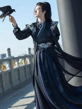 3XL Ősi kínai stílusú ruha Hanfu fekete hanfu köpeny Férfi elegáns gallér Jacquard öltöny ruhák Ruházat köntös Cosplay jelmezek